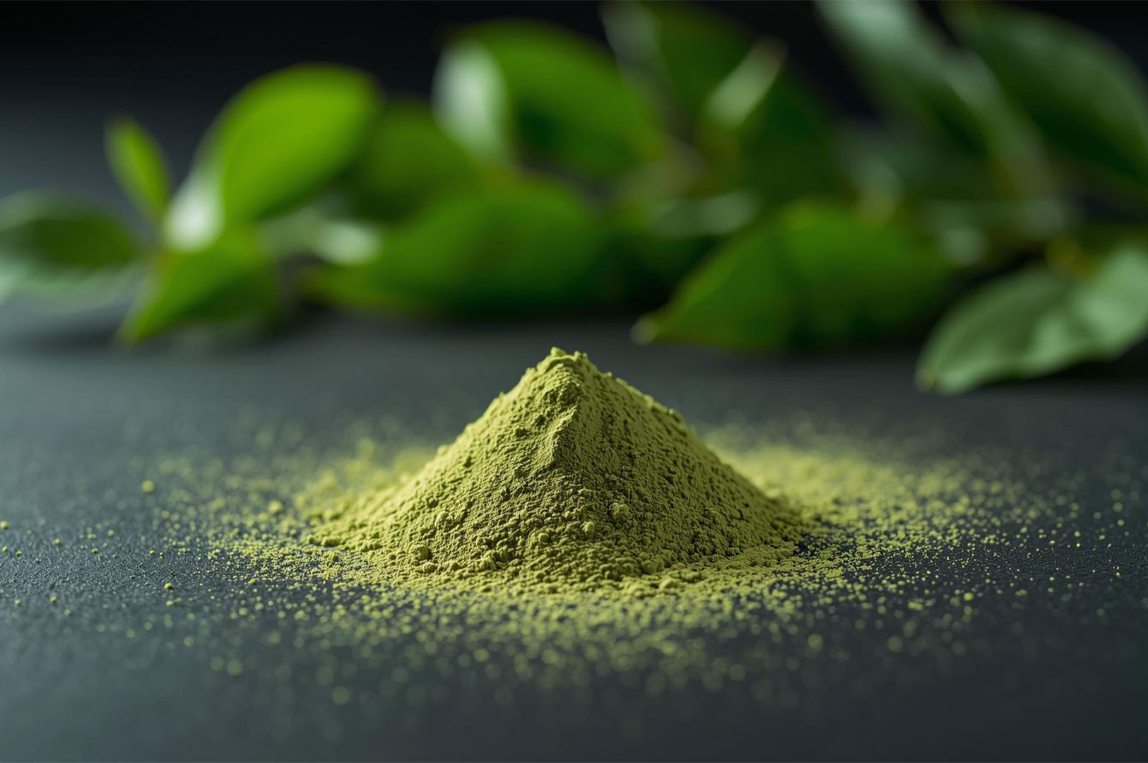 A small, perfectly formed conical pile of bright green Matcha tea powder on a dark surface, with blurred green leaves in the background.