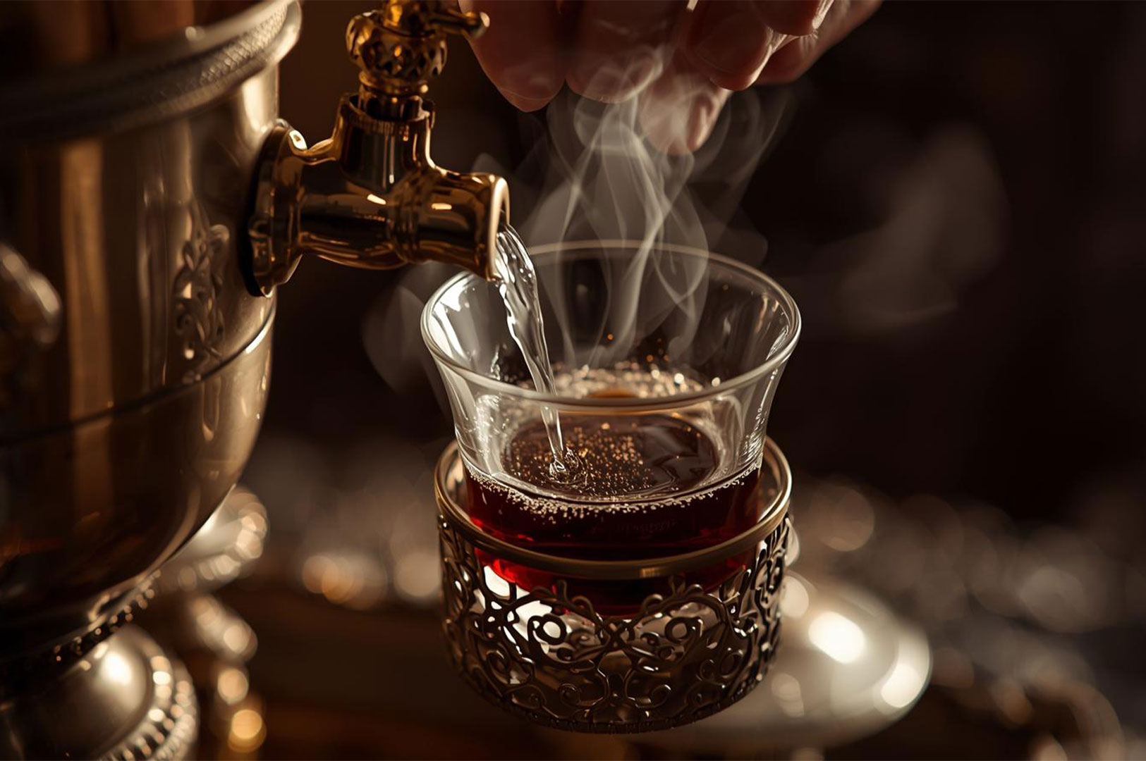 Close-up of hot, concentrated tea (zavarka) being poured from the golden tap of a samovar into a clear glass cup set in an ornate metal holder.