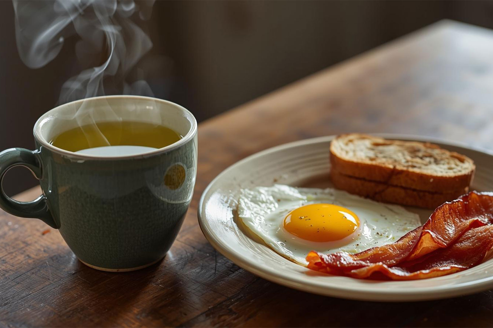 A steaming mug of amber-colored tea next to a breakfast plate holding a sunny-side-up egg, crispy bacon, and toasted bread slices on a wooden table.