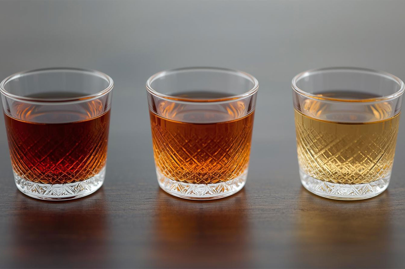 Three small, cut-glass tumblers lined up, showing the different colors of Moroccan tea after successive pours: dark amber, medium amber, and light golden yellow.