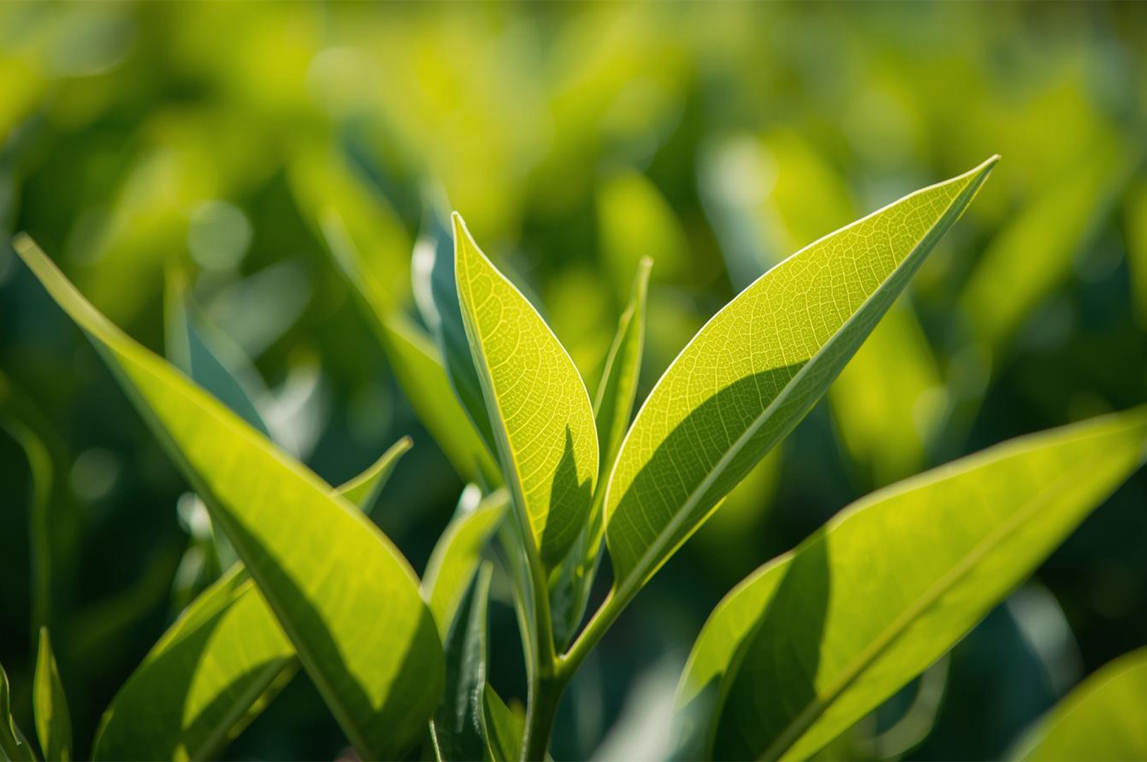 Extreme close-up of bright green tea plant leaves backlit by sunlight, showing the delicate vein structure and emphasizing freshness and growth.