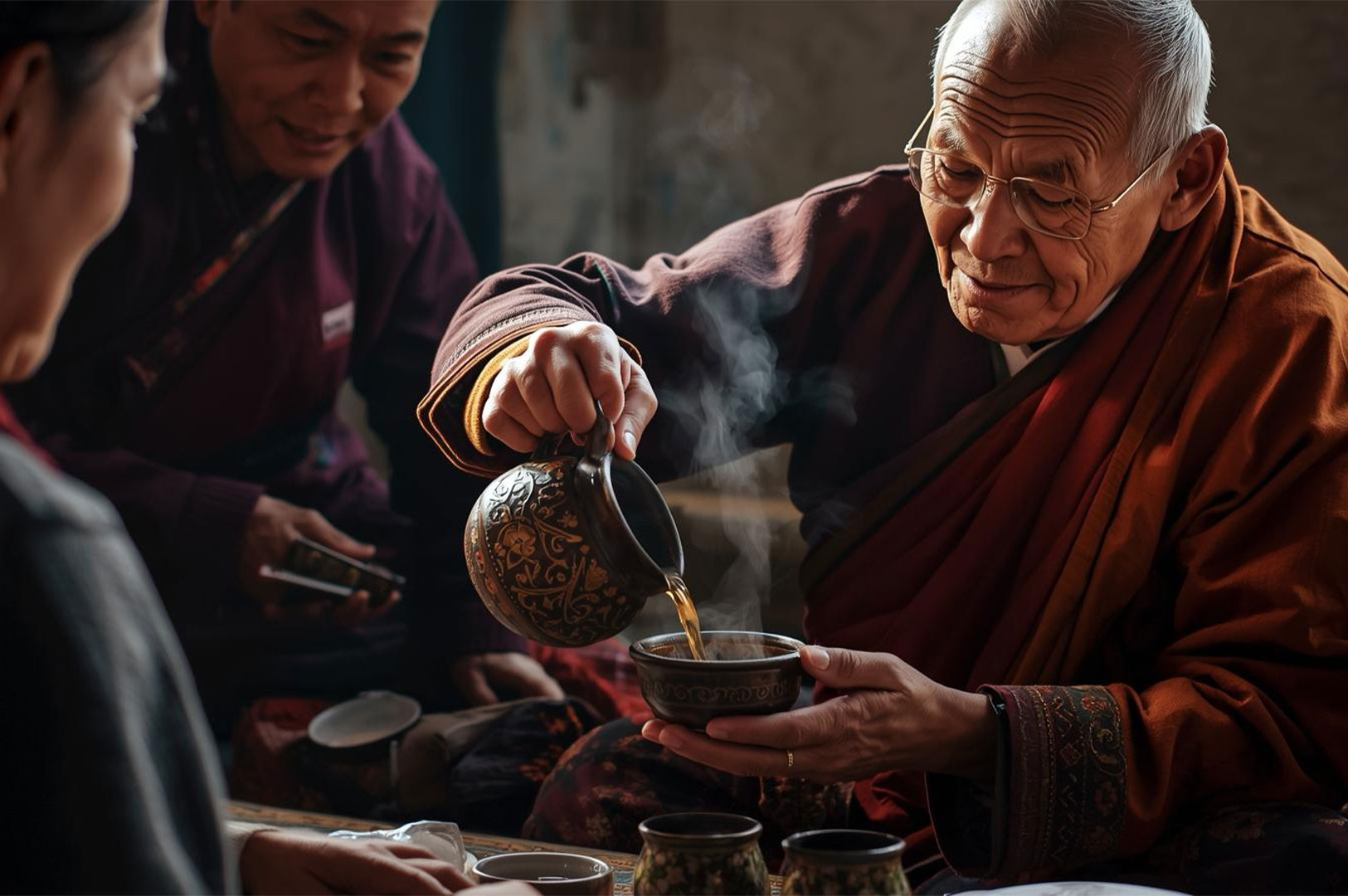 A close-up of a senior Tibetan monk or elder, wearing a saffron robe and glasses, smiling while pouring a hot drink from an ornate metal or ceramic teapot into a small cup held by another person.