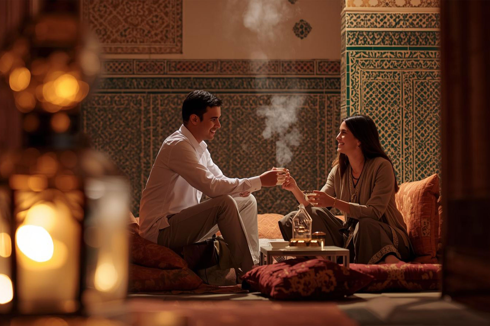 A man and woman smiling and sharing small glasses of steaming hot tea in a richly decorated traditional Moroccan riad or tea room, symbolizing hospitality.