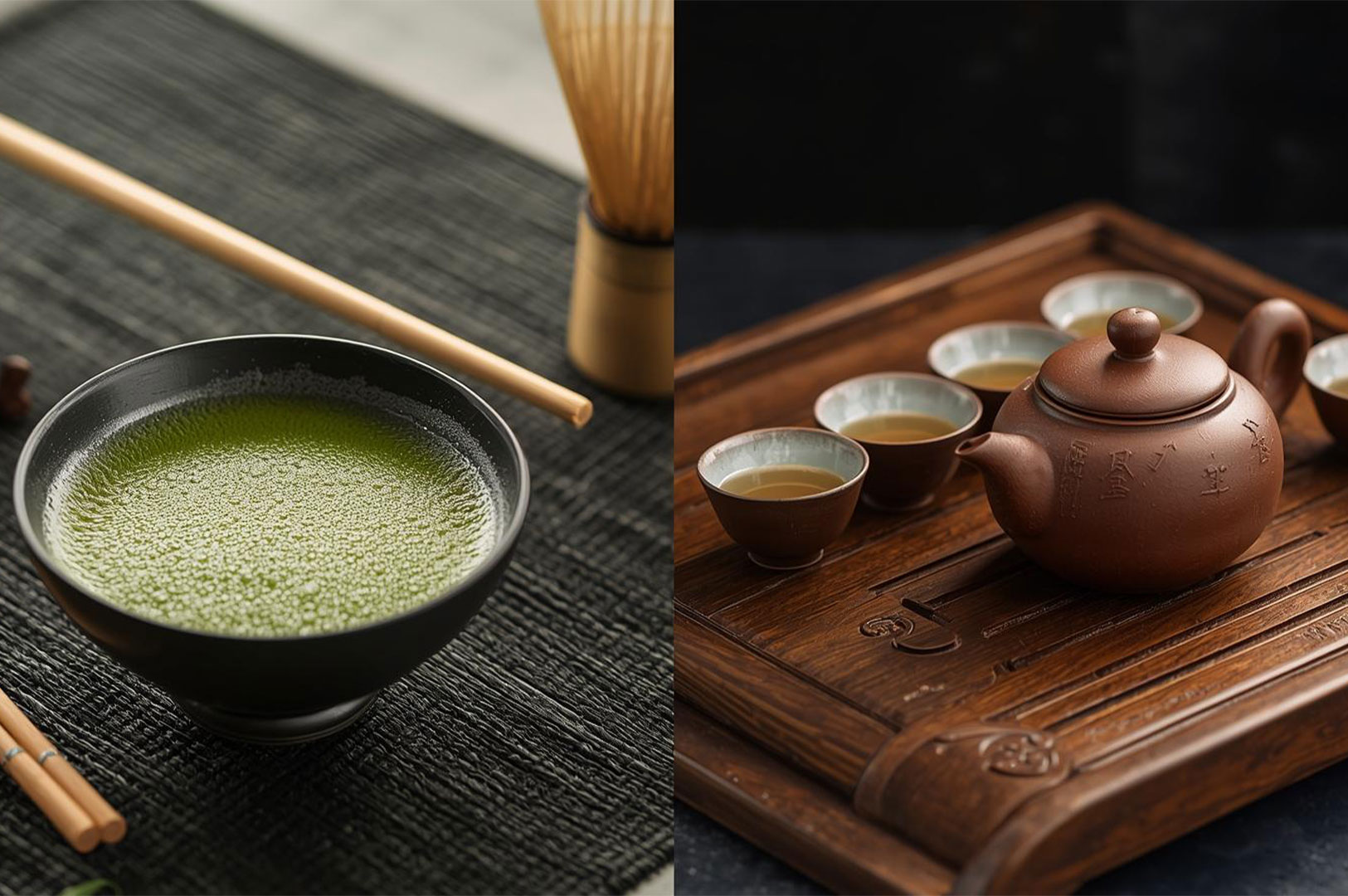 Split image contrasting two tea traditions: a bowl of frothy green matcha tea with a bamboo whisk, and a traditional Chinese clay teapot with small cups on a wooden tea tray.