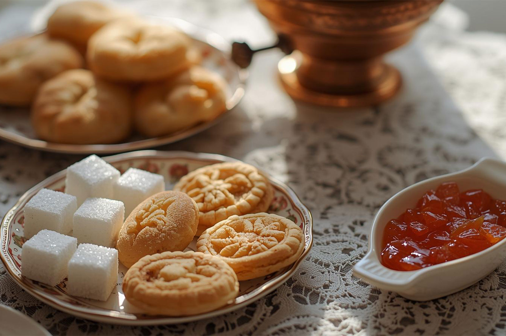 A plate of small, decorative cookies and sparkling white sugar cubes, with a small dish of jam (varenye) on a lace tablecloth, traditional snacks for Russian tea.