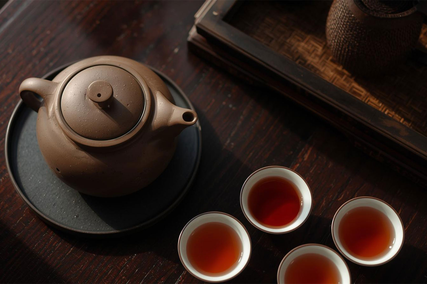 Overhead view of a brown, unglazed Yixing clay teapot and three small white cups filled with dark reddish tea, set on a wooden table.