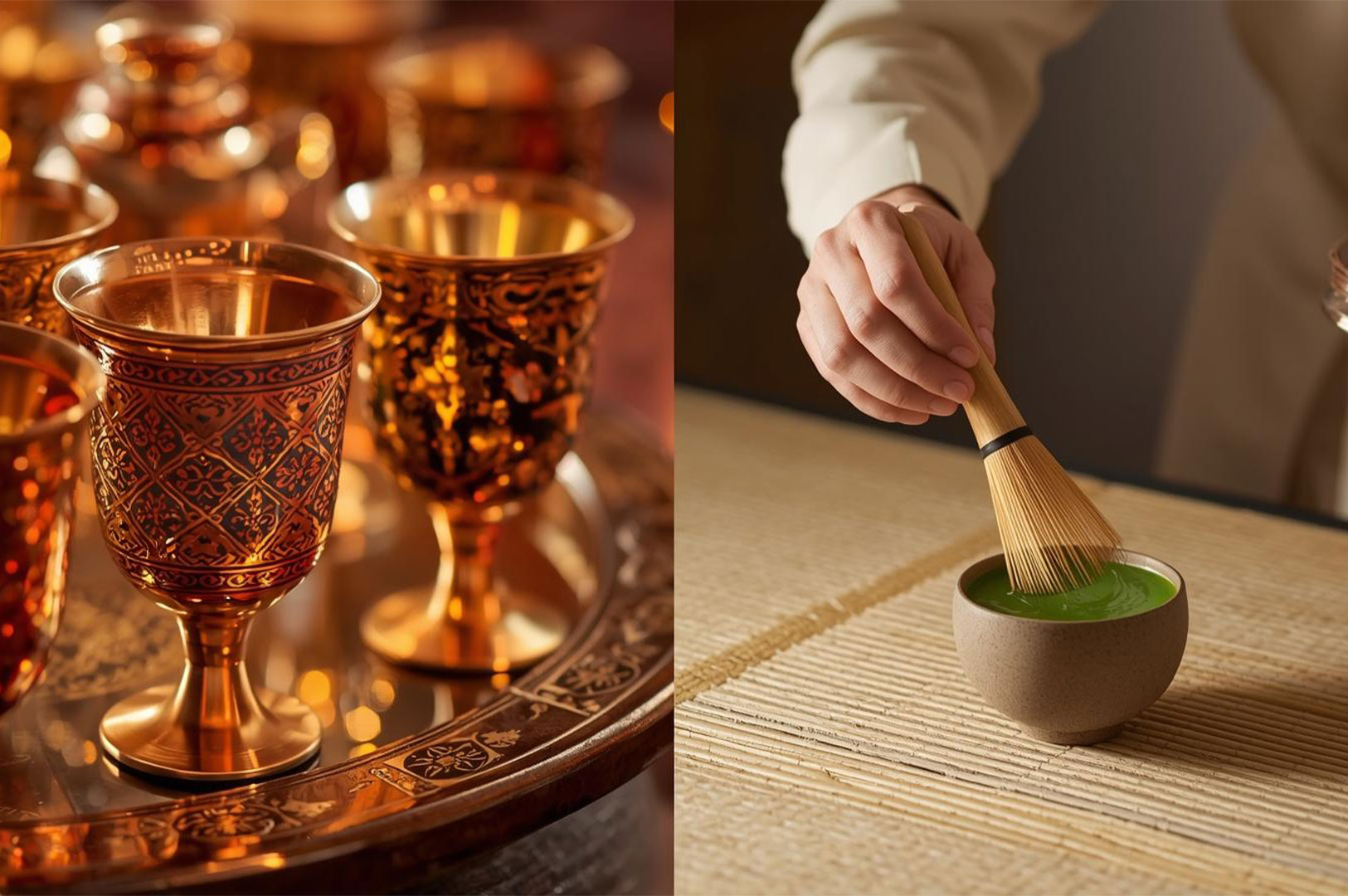 A split image comparing two tea traditions: (left) ornate, engraved golden Arabic-style cups, and (right) a person whisking vibrant green Matcha tea in a brown bowl.