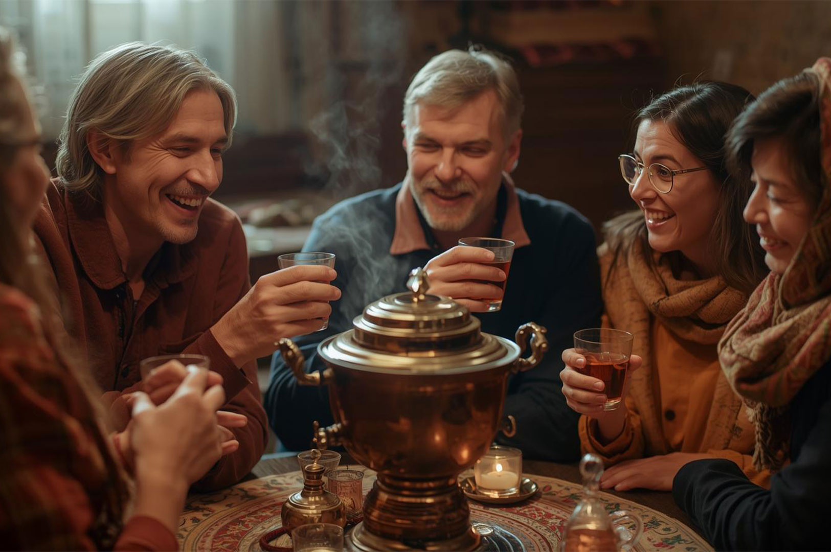 A diverse group of four friends or family members smiling and laughing while sitting around a table, sharing glasses of tea served from a copper samovar.