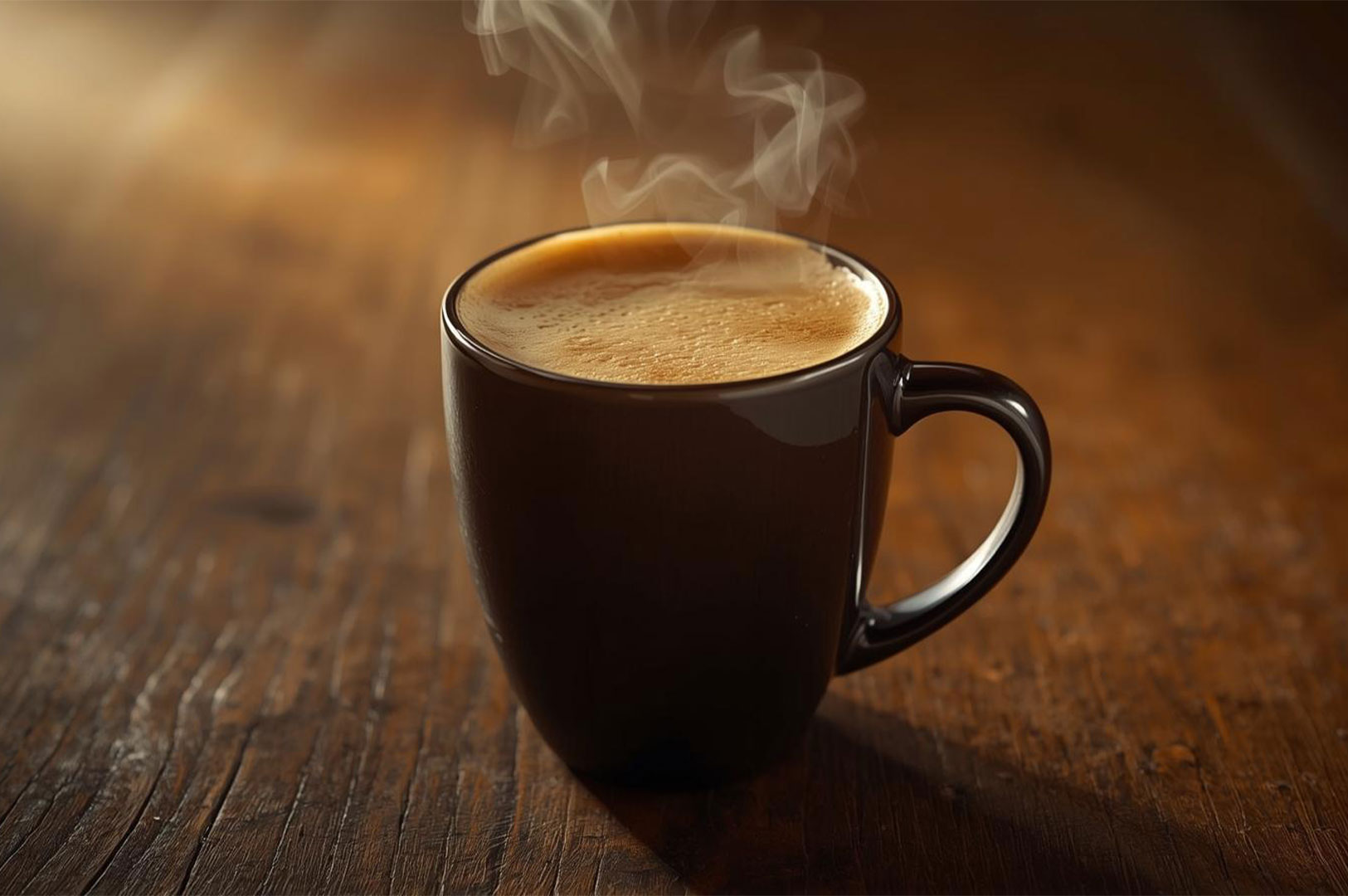 Close-up of a steaming dark brown coffee mug filled with espresso or strong black coffee, set on a richly textured wooden table, with light catching the crema on the surface.