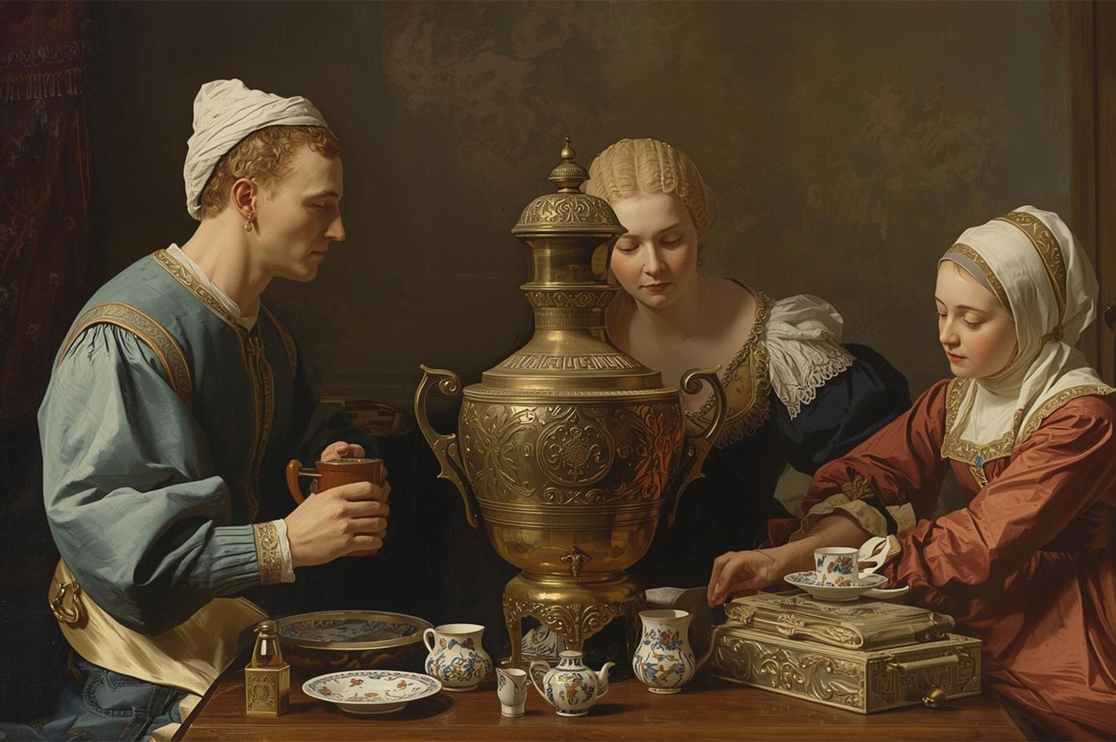 A realistic, classical-style painting depicting three figures in historical clothing having a tea ceremony around a large, brass-colored samovar on a table.