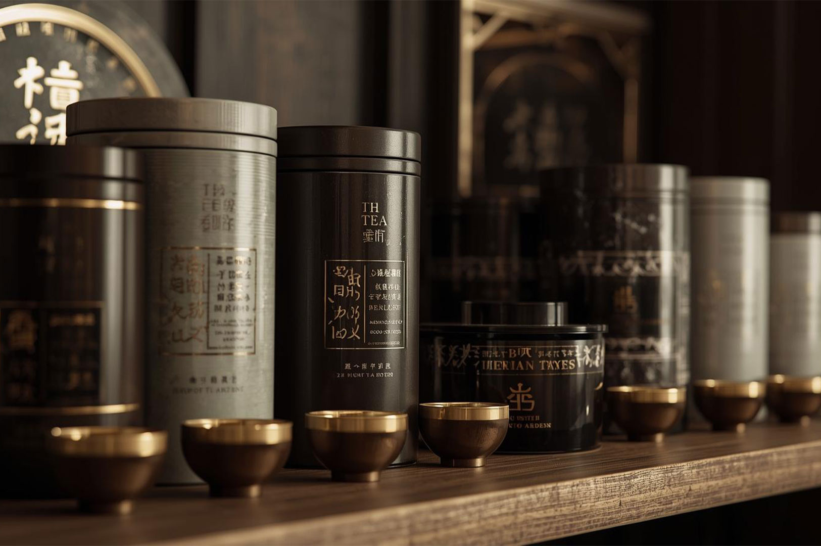 Collection of dark, monochromatic artisanal tea tins and canisters with subtle gold lettering, displayed on a shelf alongside small gold and dark ceramic tea cups.
