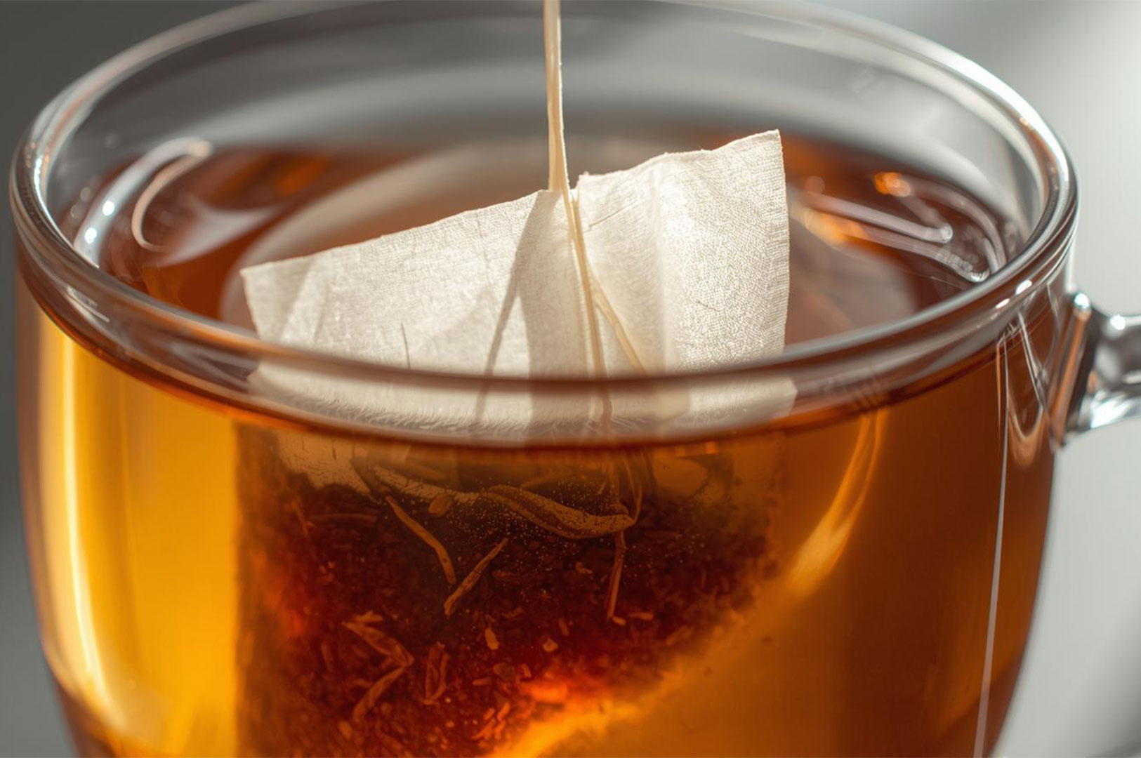 Extreme close-up of a white paper tea bag steeping in a clear glass mug of hot, amber-colored tea, showing the dry leaves sinking.