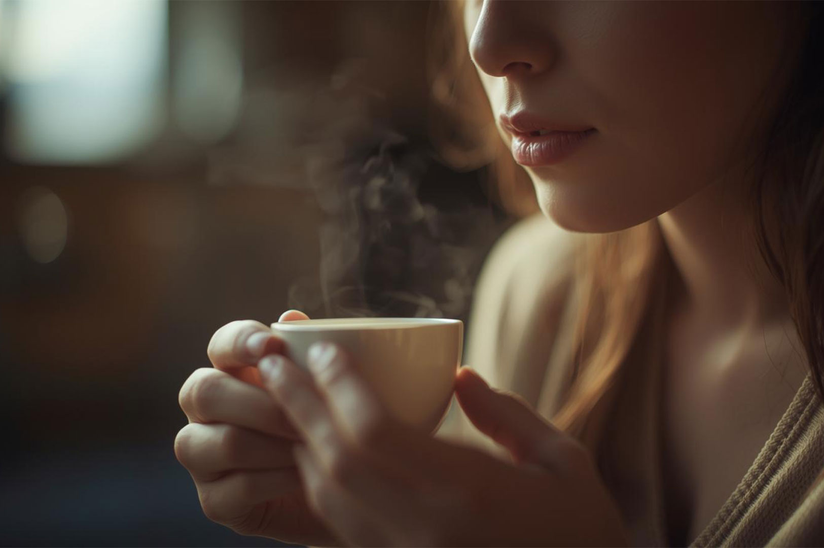 Close-up of a woman's hands gently holding a small white cup of steaming hot tea, emphasizing the warmth and sensory experience of drinking the beverage.