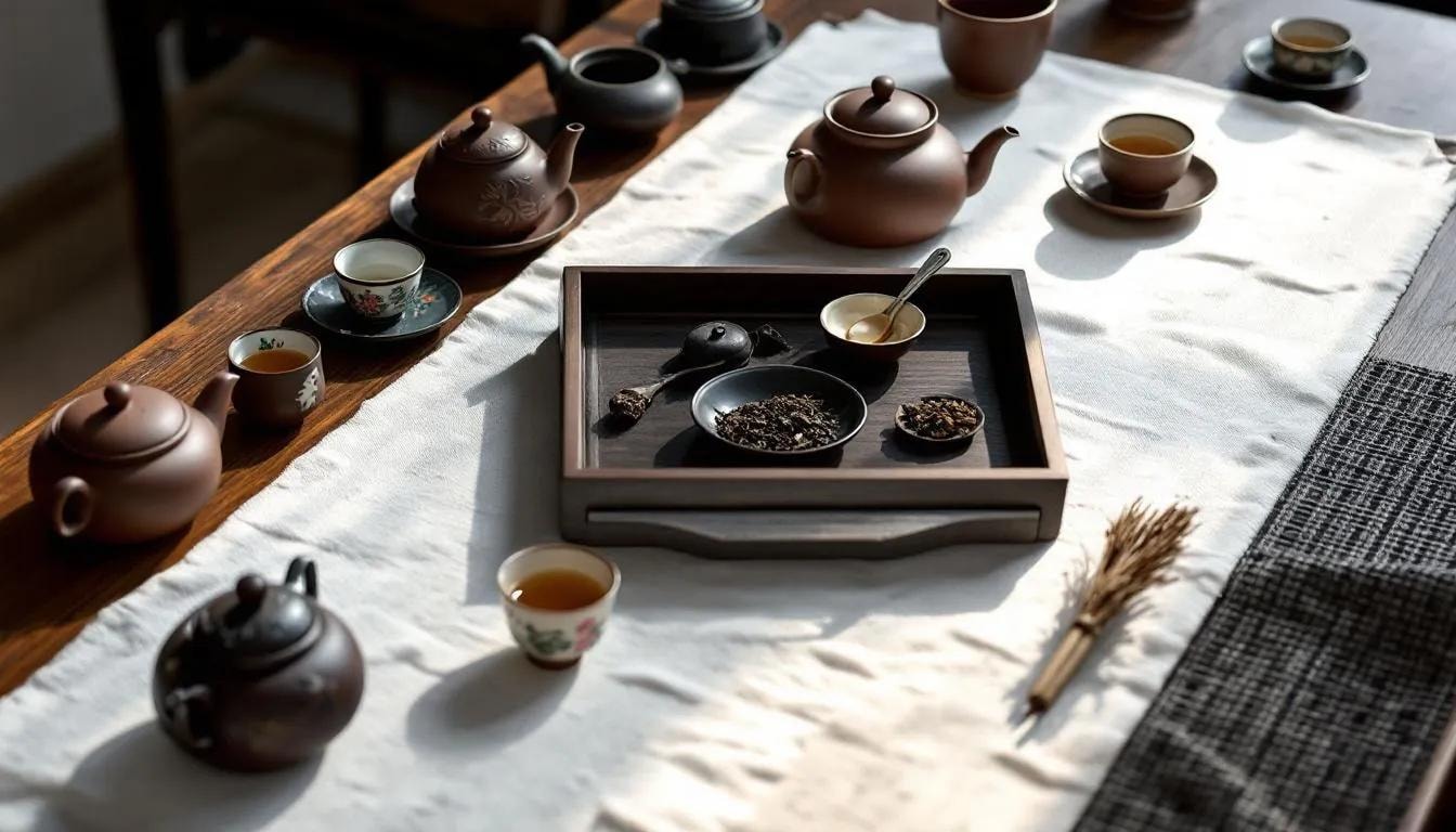 The image depicts a traditional Chinese tea ceremony setup featuring an array of elegant teapots and cups arranged on a beautifully crafted tea tray. This serene scene highlights the art of tea preparation, inviting tea lovers to explore exclusive tea blends and enjoy the moment of sipping the perfect cup.