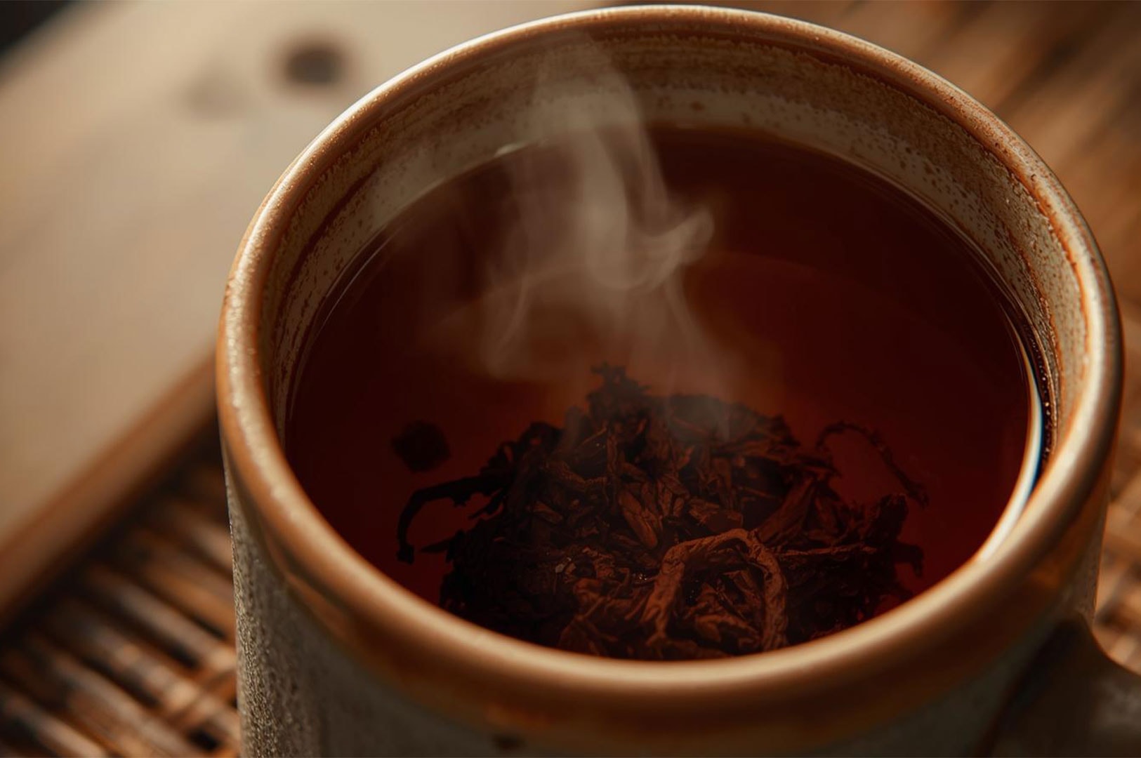 Close-up of dark, dried loose-leaf tea steeping in a rustic, brown ceramic mug filled with dark, hot water, with visible steam.
