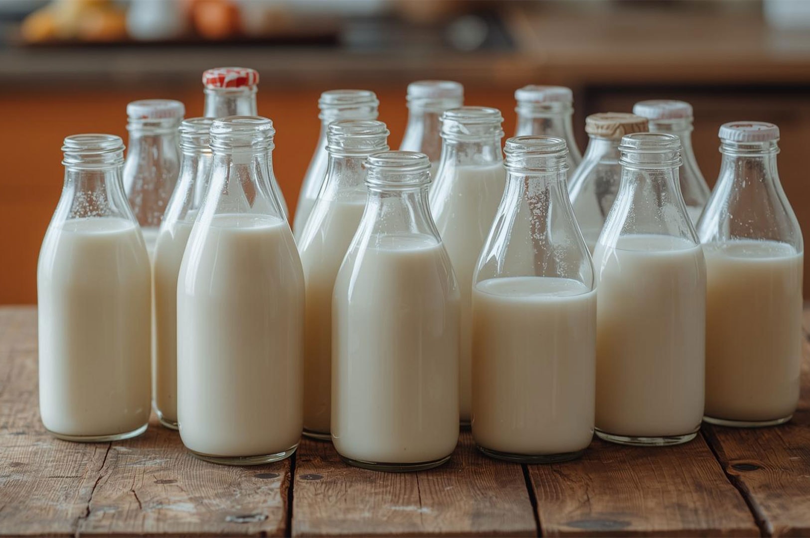 A collection of vintage-style glass bottles filled with fresh white milk, sitting on a weathered wooden table.