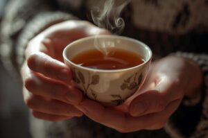 A close-up of hands gently holding a small, decorative teacup filled with steaming black or herbal tea, conveying warmth and relaxation.