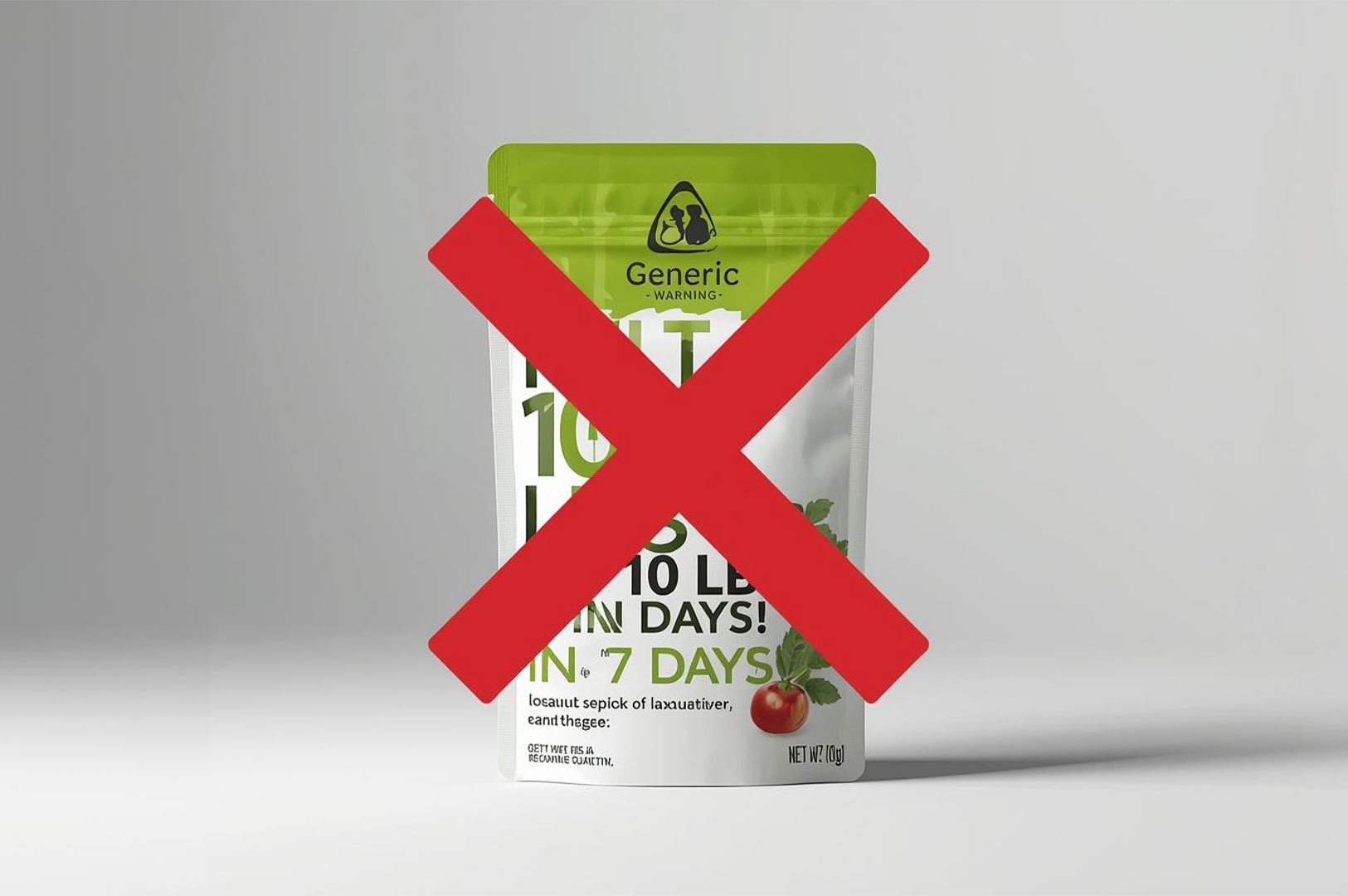 A red 'X' covering a generic diet supplement package that claims 'LOSE 10 LBS IN 7 DAYS,' highlighting a warning against unproven weight loss products.