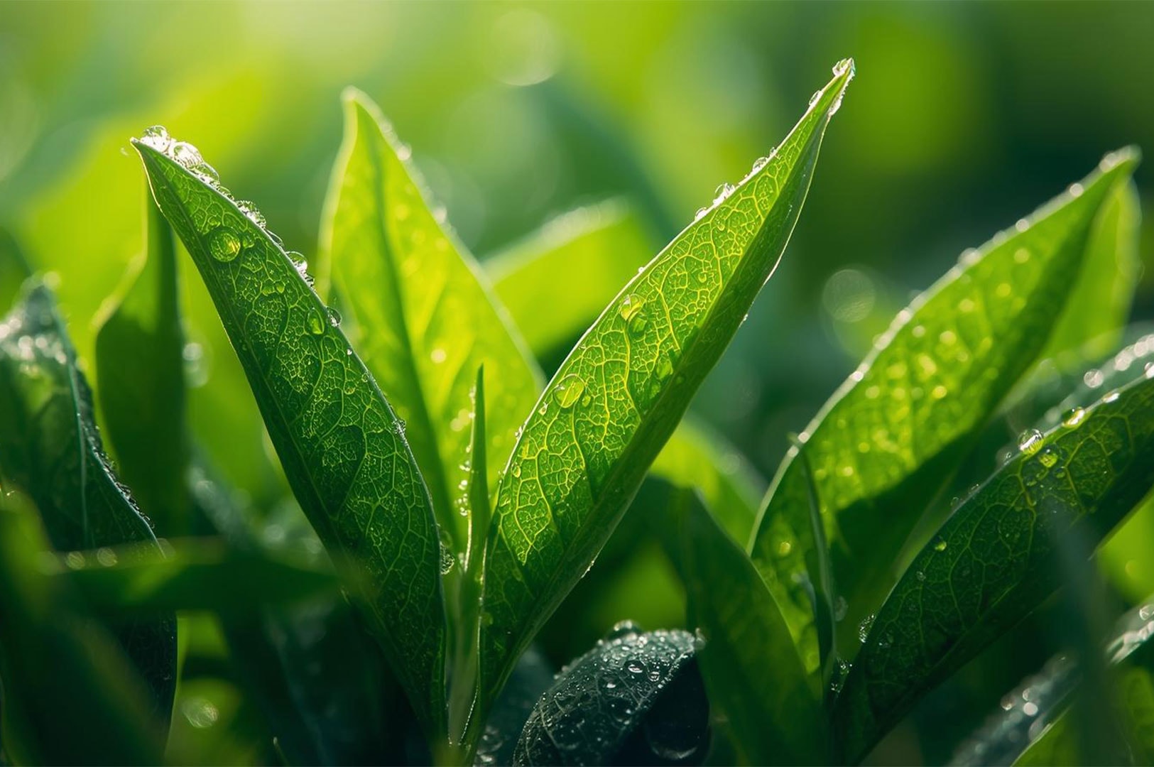 Close-up of vibrant, fresh green leaves, likely tea leaves, covered in small droplets of water or dew, backlit by the sun.