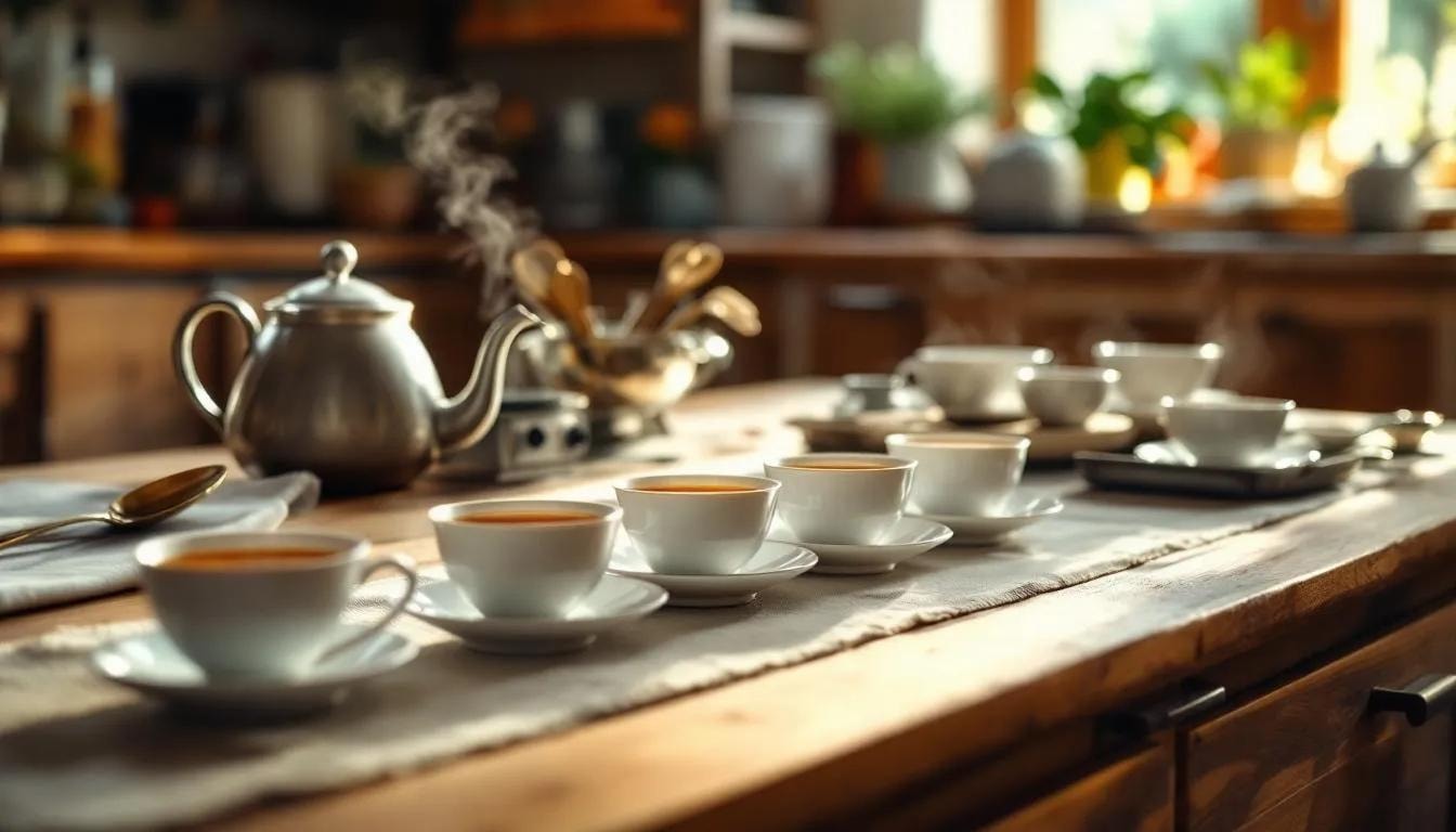 The image depicts a tea tasting session featuring multiple cups filled with various exclusive tea blends, alongside brewing equipment such as teapots and tea strainers. This inviting setup, perfect for tea lovers, showcases an array of vibrant tea leaves and natural ingredients, creating a serene atmosphere ideal for savoring the best tea in Singapore.