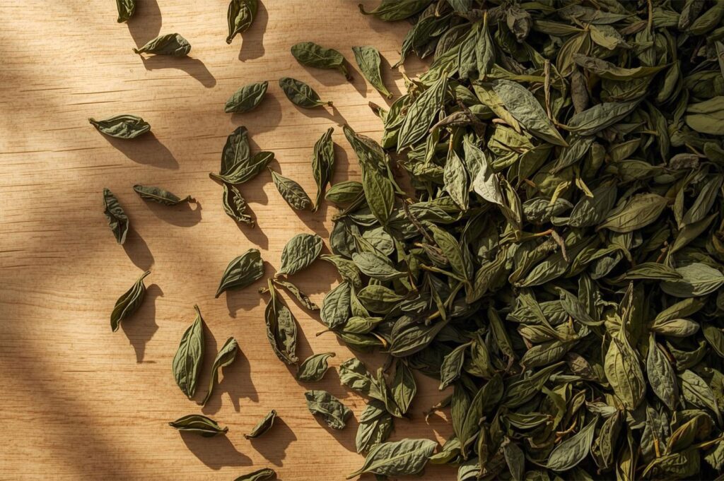 A mound of dried, dark green herbal tea leaves (potentially mint or similar) scattered across a wooden surface, ready for steeping.
