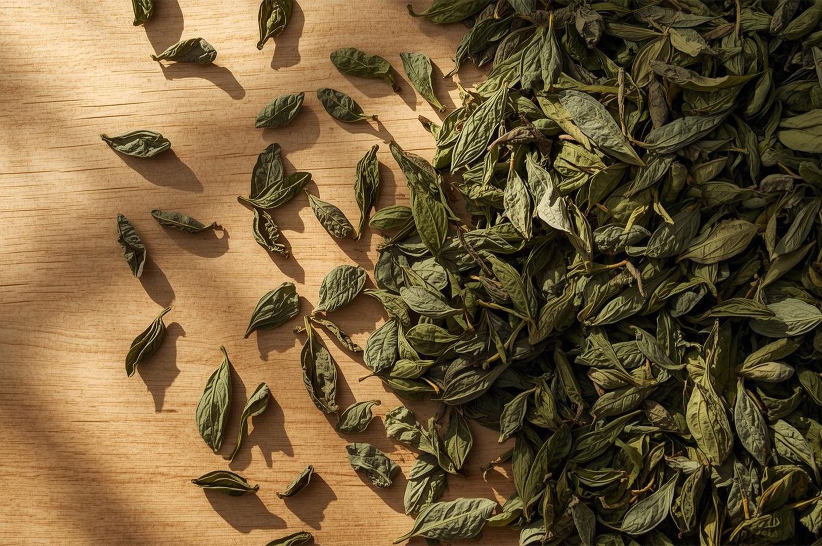 A mound of dried, dark green herbal tea leaves (potentially mint or similar) scattered across a wooden surface, ready for steeping.