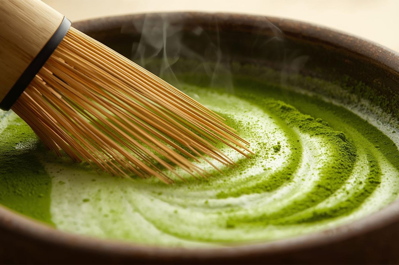 Close-up of a bamboo whisk (chasen) stirring vibrant green matcha powder into a frothy, foamy drink in a traditional bowl.