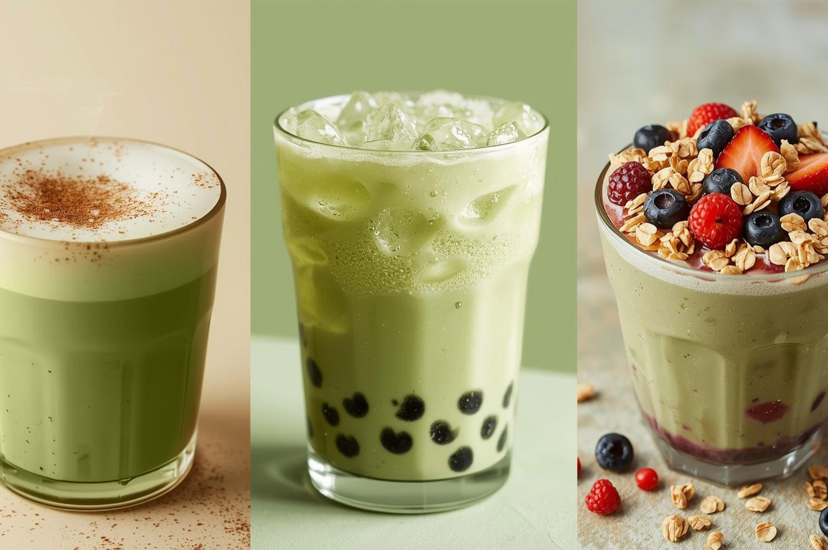 A visual triptych showing three different popular matcha preparations: a hot matcha latte with froth and cinnamon, an iced matcha boba (bubble tea), and a matcha smoothie bowl topped with granola and mixed berries.
