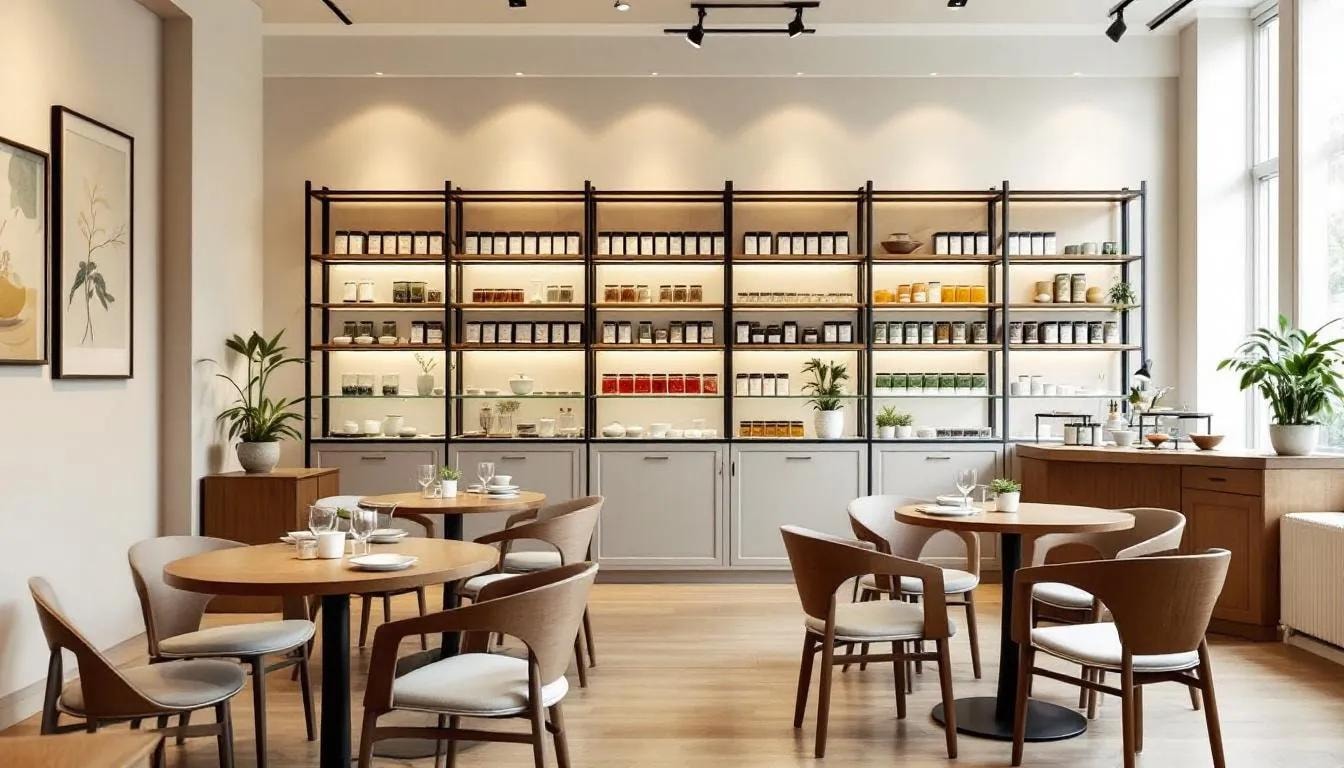 The image depicts the interior of a modern tea house in Singapore, showcasing elegant displays of exclusive tea blends, including TWG tea tins and vibrant tea trays. This inviting space is designed for tea lovers to explore a collection of fine teas, from green teas to oolong, all beautifully arranged to create a serene and calming atmosphere.