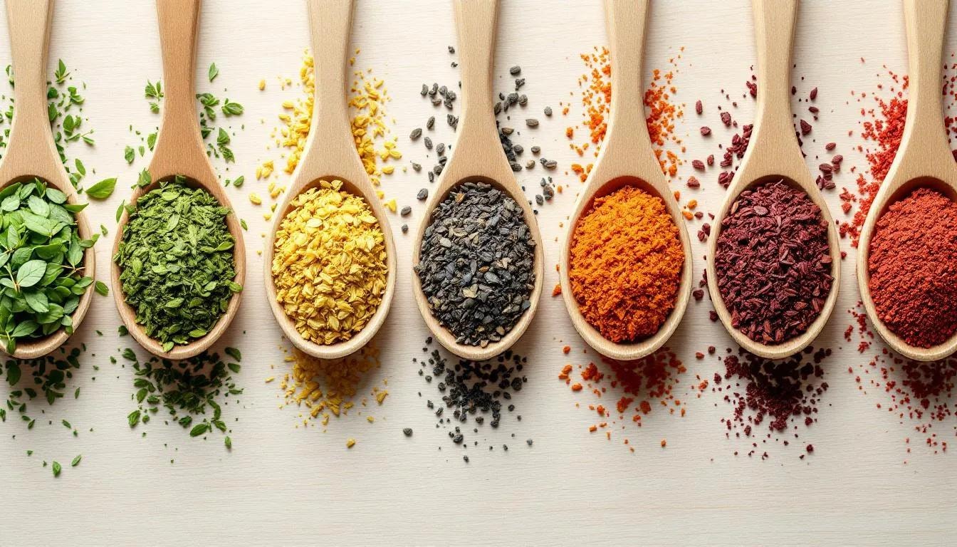 A collection of vibrant and colorful tea leaves and exclusive tea blends is elegantly arranged in wooden spoons, showcasing the natural ingredients and unique flavours that tea lovers appreciate. This artistic display highlights the beauty and variety of teas, perfect for creating the ideal cup for any moment.