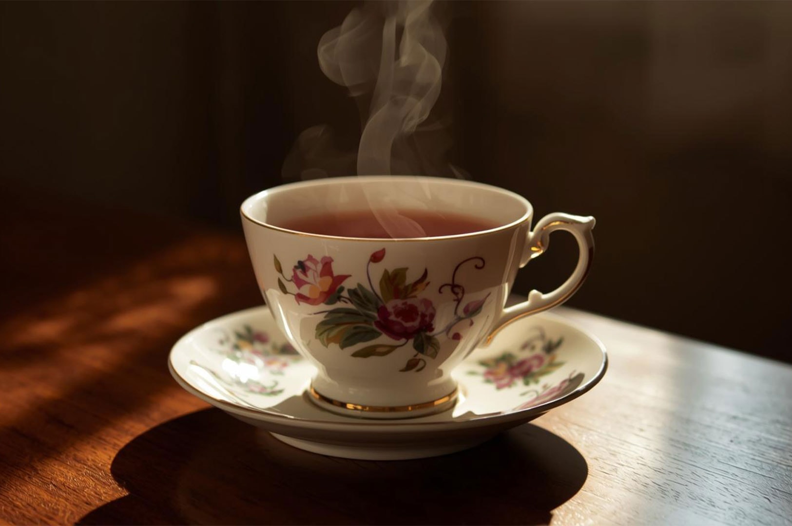 Close-up of a porcelain teacup with a gold rim and floral design on a matching saucer, holding steaming hot tea on a wooden table, bathed in soft sunlight.