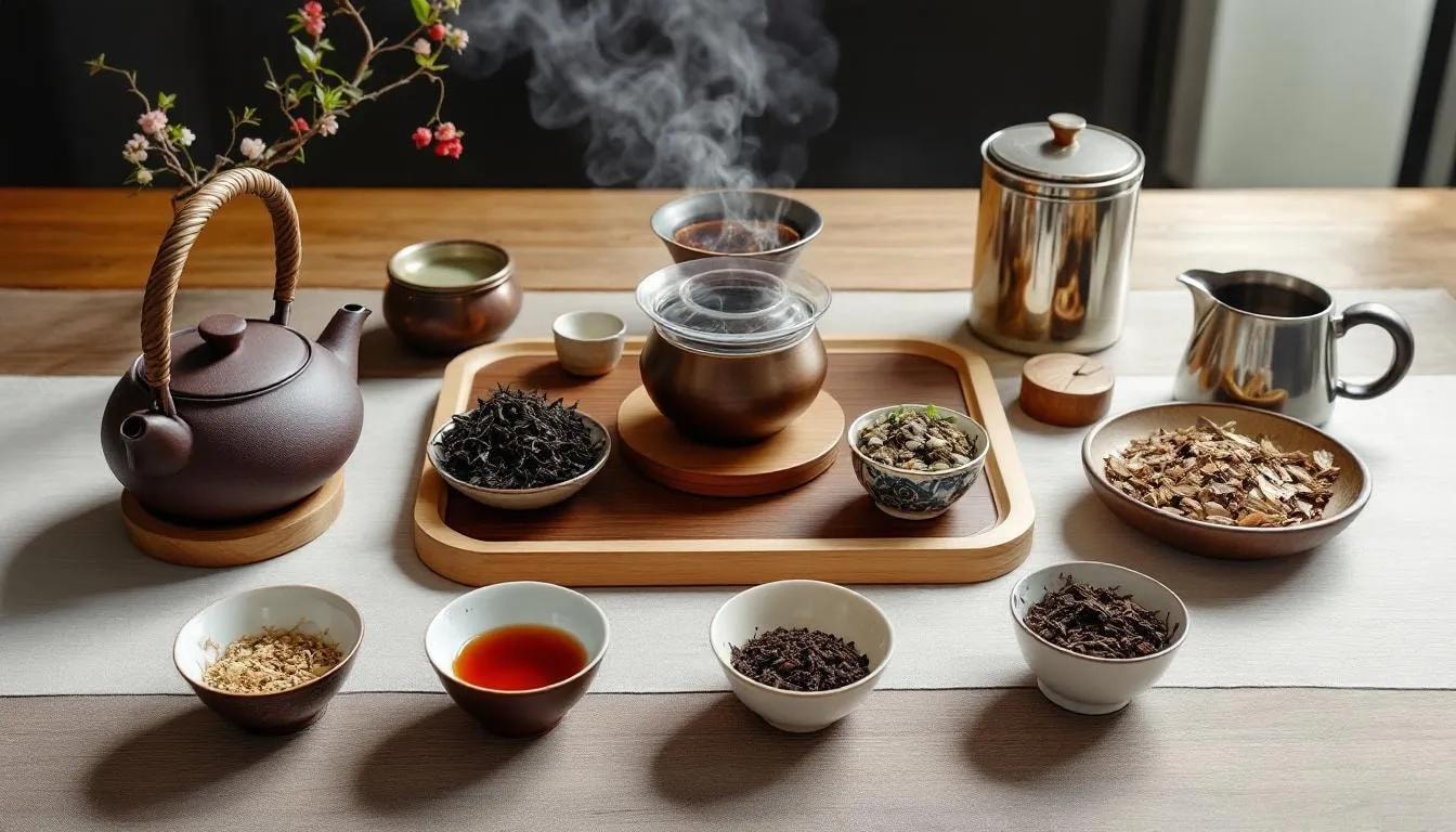 The image depicts a traditional tea ceremony setup, showcasing various cultural brewing implements and an array of tea varieties that reflect Singapore's diverse communities. This serene arrangement invites tea lovers to indulge in the natural goodness of loose leaf tea, including green teas and oolong, creating a moment of tranquility and beauty.
