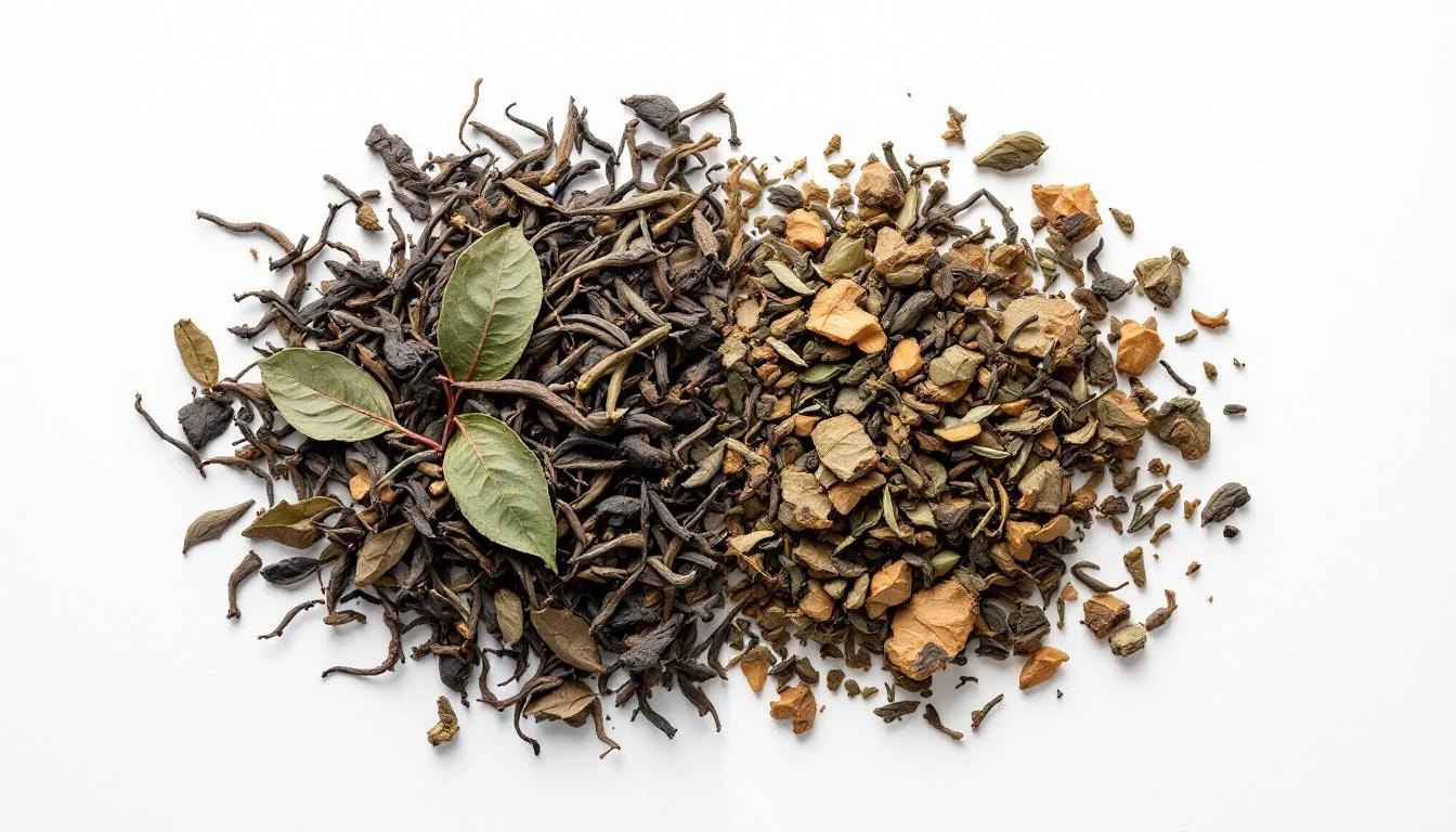 The image shows a side-by-side comparison of whole loose leaf tea and smaller broken pieces typically found in tea bags, highlighting the natural beauty and variety of tea leaves. This visual contrast emphasizes the refreshing experience and rich flavors that tea lovers can enjoy when they indulge in high-quality loose leaf tea.