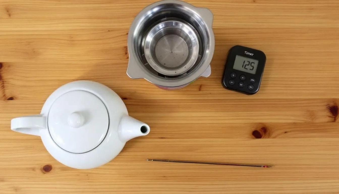 The image depicts a beginner's tea brewing setup, featuring a teapot, an infuser for loose leaf tea, a timer, and a thermometer, all arranged neatly on a wooden surface. This setup invites tea lovers to indulge in the natural goodness of various teas, providing a tranquil moment to explore the subtle flavours of green tea and oolong.