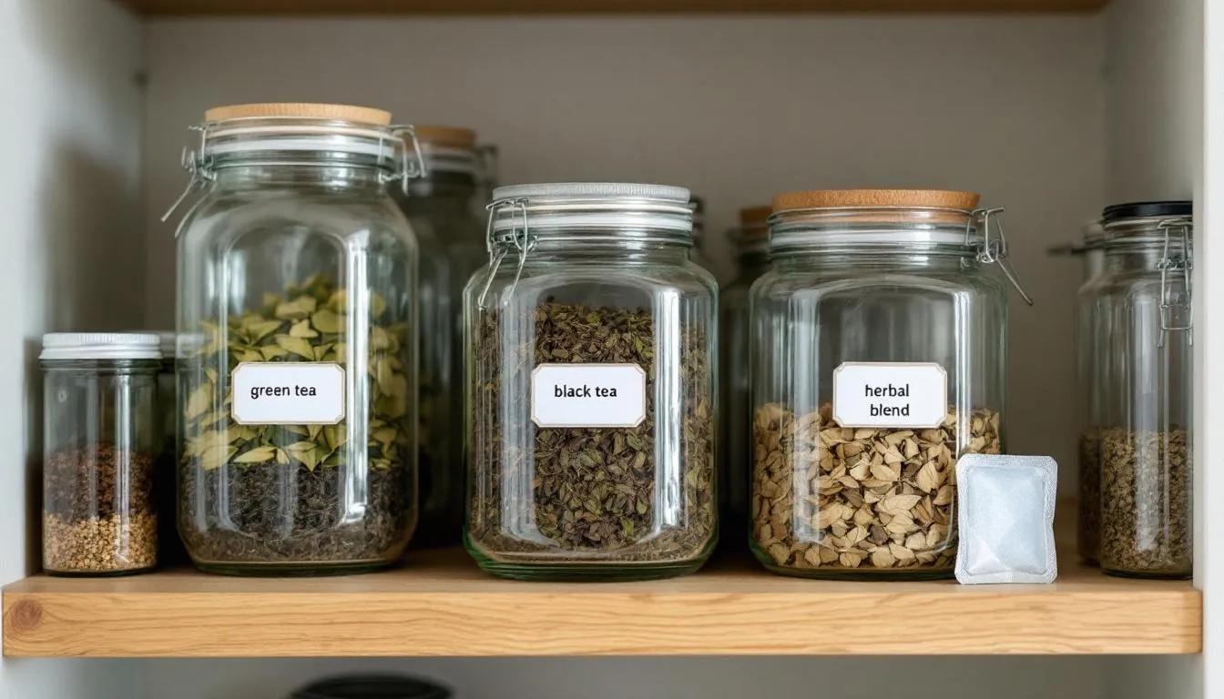 The image depicts a well-organized tea storage setup featuring airtight containers filled with various loose leaf teas, accompanied by silica gel packets to ensure freshness. This cool, dry environment is ideal for preserving the natural goodness and subtle flavors of green teas and oolong, perfect for tea lovers looking to indulge in a refreshing cup.