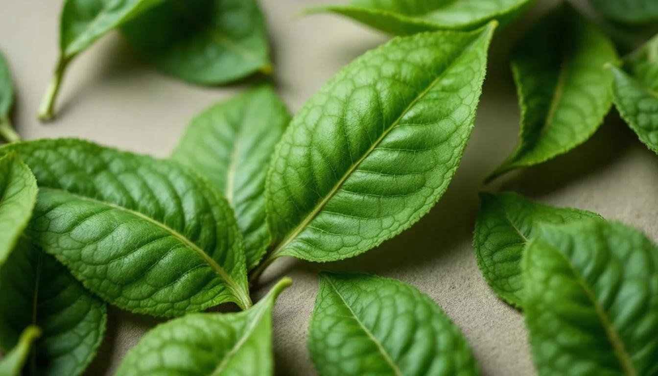 A close-up view showcases high-quality whole tea leaves, revealing their vibrant colors and intricate natural structure, perfect for tea lovers who appreciate the beauty and flavors of loose leaf tea. This image highlights the refreshing essence of green teas, inviting you to indulge in a moment of tranquility with every sip.