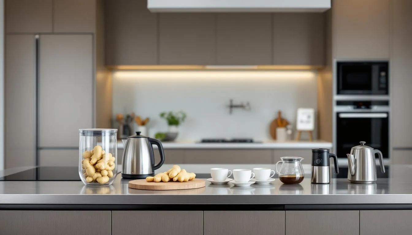 The image depicts a modern Singapore kitchen designed for efficient ginger tea preparation, featuring fresh ginger, glass storage containers, an electric kettle, and family-friendly brewing equipment, perfect for enjoying comforting sips of aromatic aged ginger tea. The setup emphasizes convenience and quality, making it easy for Asian families to brew this popular spice daily.