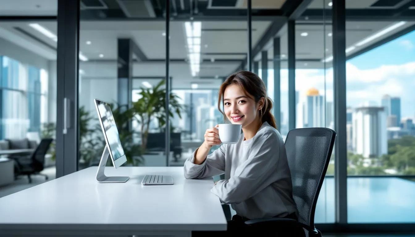 A person is enjoying a comforting cup of hot ginger tea in a modern office space, with the vibrant tropical Singapore cityscape visible through large windows. The warm beverage, made from aromatic aged ginger, offers a refreshing escape as they sip amidst the bustling urban environment.