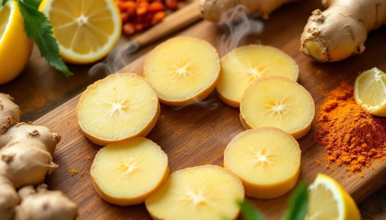 A close-up image features fresh ginger root slices emitting steam, surrounded by traditional Asian wellness ingredients like turmeric and lemon, evoking the comforting warmth of a soothing cup of ginger tea. This vibrant arrangement highlights the aromatic qualities of ginger, a popular spice known for its many uses in wellness and culinary practices.