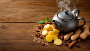 The image depicts the traditional preparation of ginger tea, showcasing fresh ginger root, a steaming teapot, and an array of various Asian spices elegantly arranged on a wooden surface. This comforting scene emphasizes the warm and aromatic qualities of ginger tea, perfect for enjoying on a rainy day.