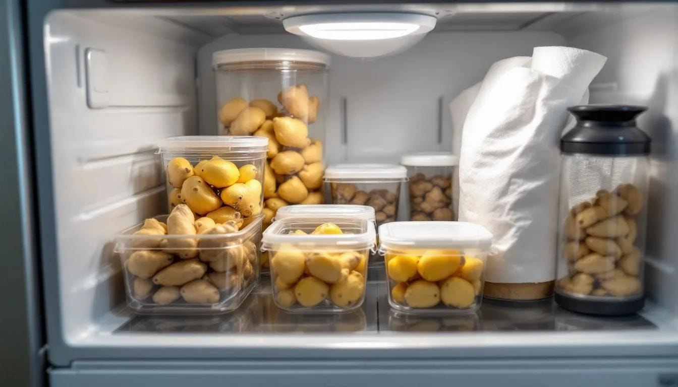 The image depicts an organized refrigerator compartment in a modern Singapore kitchen, showcasing proper storage techniques for ginger, including the use of paper towels and airtight containers to maintain freshness. This setup highlights the importance of humidity control, making it easy to prepare comforting sips of ginger tea or aged ginger tea for nourishing benefits.