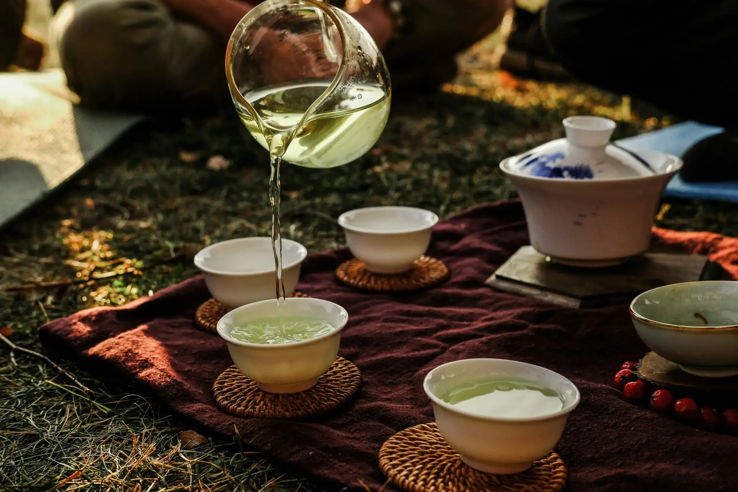 A person pours a stream of pale green tea from a glass pitcher into small white cups during an outdoor gathering. The tea set is arranged on a dark cloth over the grass, capturing a serene and traditional atmosphere in the warm sunlight.