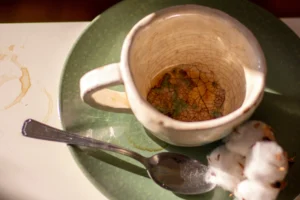 An empty, cream-colored ceramic cup with a delicate crackle glaze sits on a sage green saucer next to a small spoon. Soft sunlight illuminates the scene, highlighting the tea stained bottom of the cup and a dried cotton boll resting nearby.