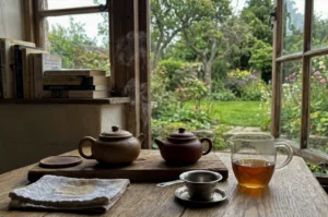 An open rustic wooden window frames a serene view of a lush, green garden with vibrant flowers, providing a scenic backdrop for a cozy tea setup on an indoor wooden table. Resting on a weathered wooden plank are two small clay teapots, with a gentle wisp of steam rising from the spout of the lighter, textured tan pot on the left. Next to it sits a smooth, reddish-brown teapot, accompanied by a small matching clay lid holder. In the foreground, a clear glass pitcher is filled with a warm, amber-colored tea, positioned near a metal tea strainer on a small saucer and a neatly folded, stained white tea cloth. To the left, a stack of old books leans against the white plaster wall by the window sill, adding to the tranquil, contemplative atmosphere of a quiet afternoon.