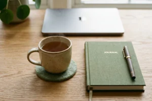 A cozy and aesthetic wooden desk setup featuring a steaming ceramic cup of herbal tea on a green felt coaster, next to a closed green fabric journal with a wooden pen, and a closed silver laptop in the background.