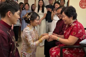 A bride in a white and gold embroidered Qun Kwa dress knees down, smiling as she presents a small white tea cup to an older woman wearing a red floral cheongsam dress. The bride wears heavy gold bangles on both wrists and an intricate gold floral hairpin in her updo, while the groom, dressed in a dark maroon embroidered tunic, stands close by her side. The older woman sits next to a man in glasses and a dark red shirt, accepting the tea with a smile. Behind them, a crowd of smiling family members stands in a doorway, holding up smartphones to capture the traditional ceremony beneath a red "Double Happiness" sign on the wall.