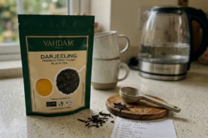 A close-up, eye-level shot featuring a green and cream-colored pouch of Vahdam India "Darjeeling Premium First Flush Black Tea" standing upright on a speckled cream kitchen countertop. To the right of the bag, loose dark tea leaves are scattered near a small, round wooden coaster holding a ceramic measuring spoon. In the background, two white ceramic mugs are stacked next to a clear glass electric kettle filled with water, all softly blurred in front of a bright window. A handwritten grocery list on a white piece of paper lies in the foreground next to the scattered tea leaves.