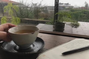 A person’s hand holds a ceramic teacup filled with a light-colored beverage, resting on a matching dark, textured saucer atop a wooden table. To the right of the cup, an open journal with handwritten script lies beside a black pen, while the background reveals a rainy day view through a glass window, showcasing blurry greenery and a small potted plant on a ledge outside, capturing a cozy, contemplative atmosphere.