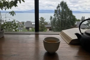 A tranquil, contemplative scene set on a wooden table overlooking a serene landscape. In the foreground, a small, elegant ceramic teacup filled with warm-colored tea sits center stage, accompanied to its right by a traditional black cast-iron teapot and an open book with visible text. The composition is framed by a large window that reveals a soft, overcast day, showcasing a calm lake nestled among distant, rolling mountains and lush evergreen trees. On the far left, a glimpse of a potted plant adds a touch of greenery to the indoors, while the overall atmosphere of the room is quiet, peaceful, and inviting.