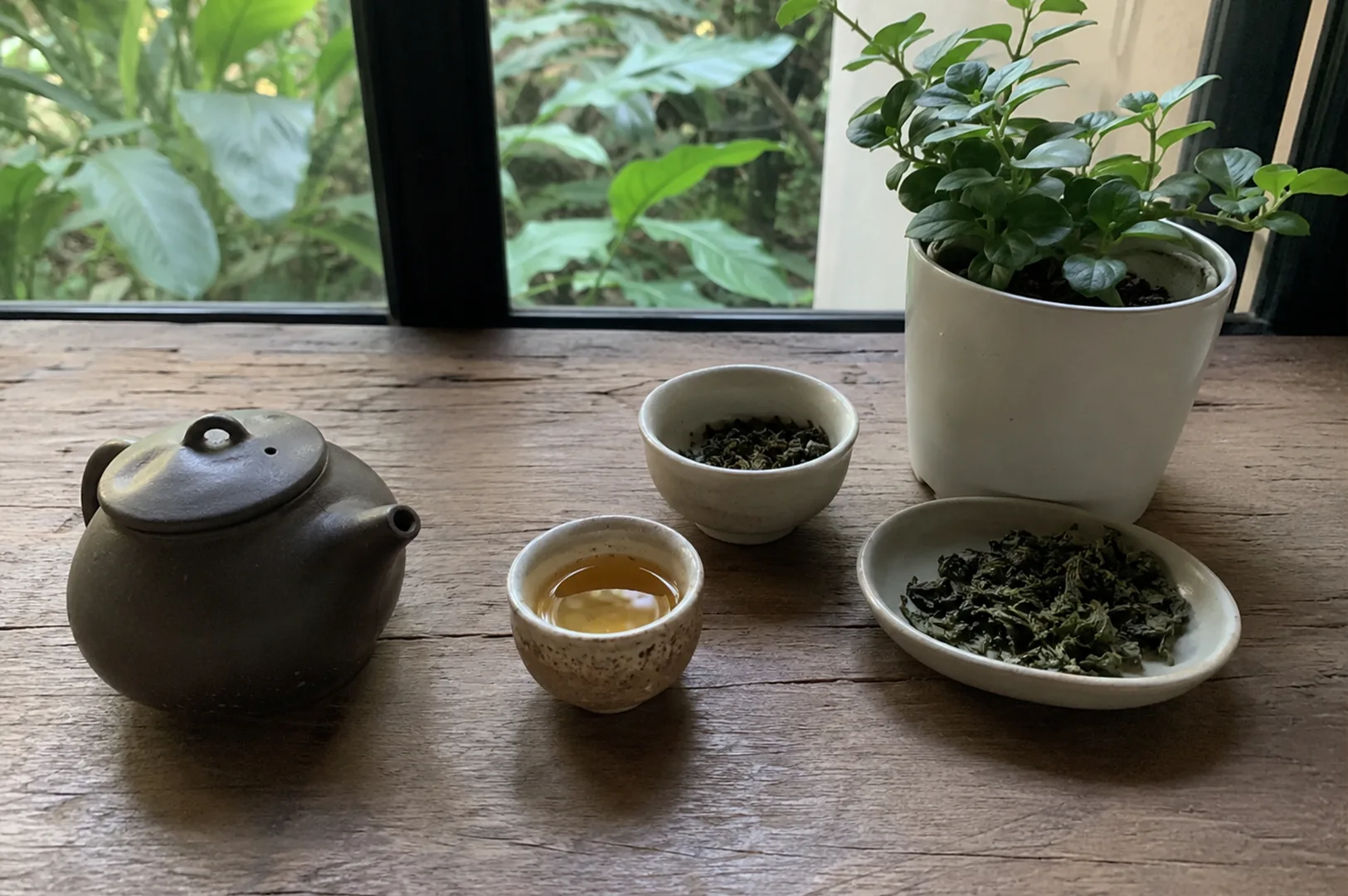 1 - Why Tea Can Teach Us About Mindful Consumption A serene, close-up shot features a traditional loose-leaf tea setup arranged on a rustic, weathered wooden windowsill. On the left sits a small, dark grey clay teapot with a rounded body and a closed lid. In the center foreground, a tiny, speckled beige ceramic teacup is filled with a clear, golden-amber tea. To its right, a shallow white ceramic dish displays a loose pile of dried, twisted green tea leaves, while a small white bowl behind it holds an additional serving of loose leaves. In the upper right corner, a vibrant green houseplant thrives in a smooth white ceramic pot, completing the tranquil scene against a backdrop of lush, tropical foliage visible through the window.